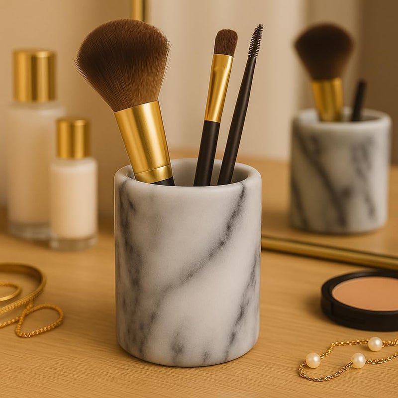 Creative Home Luxury Hand-Carved Natural Marble Toothbrush & Makeup Brush Holder â€“ Heavy-Duty Taiwan Yushan Stone for Bathroom, Vanity, Office & Desk Organizer (3.3â€ x 4.5â€, Off-White) - Image 2